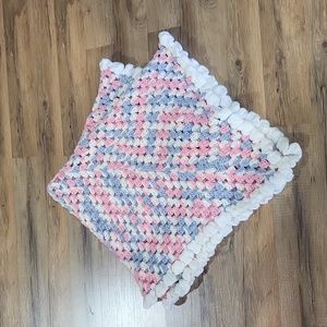 Handmade White Pink Blue Crochet Ruffled Scalloped Baby Blanket